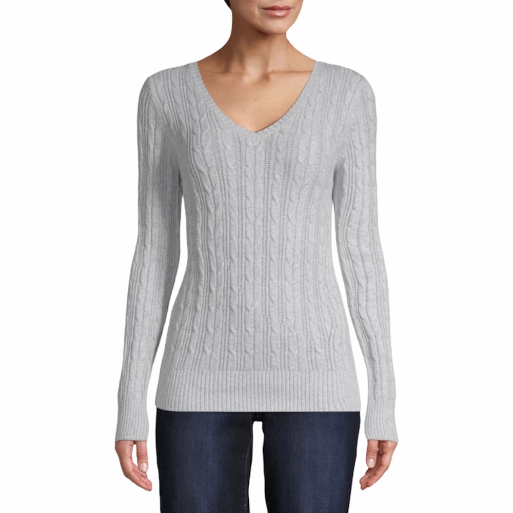 SOLD Old Navy Women’s Cable knit V-Neck Gray Pullover Sweater Top 100% Cotton - Picture 1 of 4